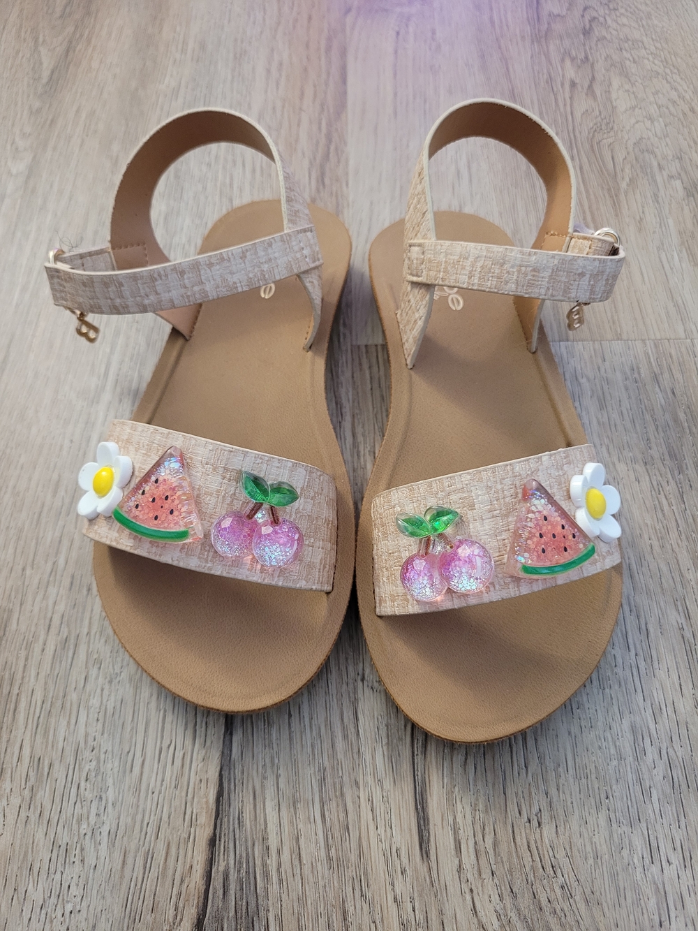 Girls Beige Sandals with Watermelon & Cherry Charms